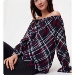 LOFT | Off the Shoulder Plaid Blouse Top Navy Blue Red Large